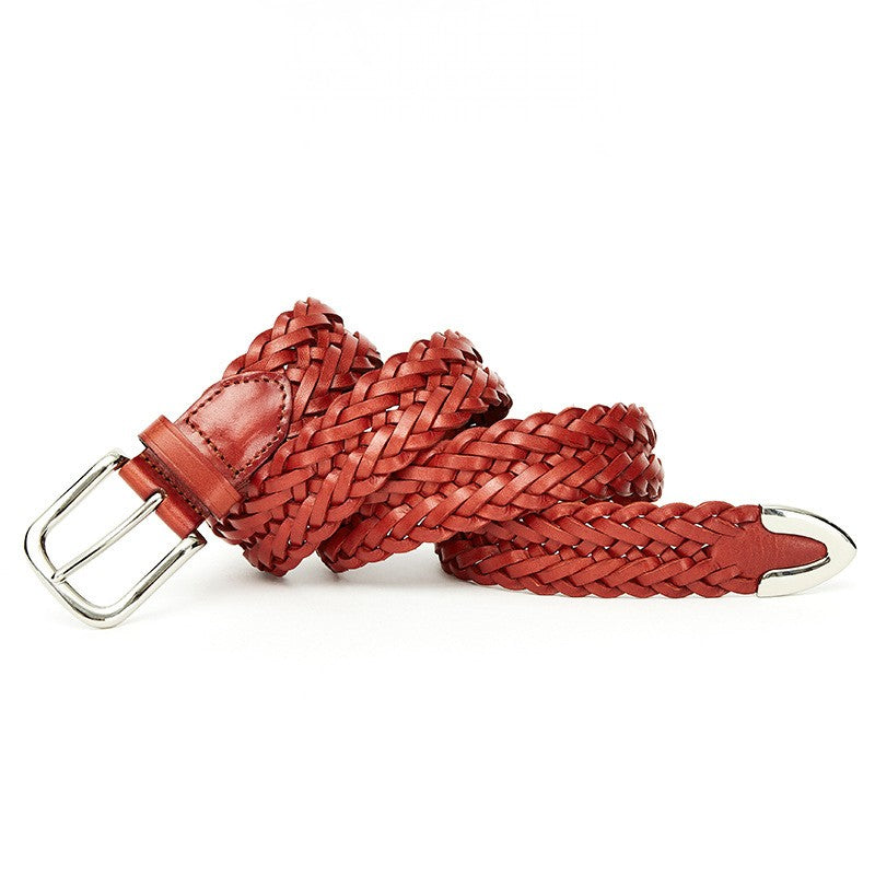 Ceinture Bercy en cuir tressé rouge brique avec boucle argentée.