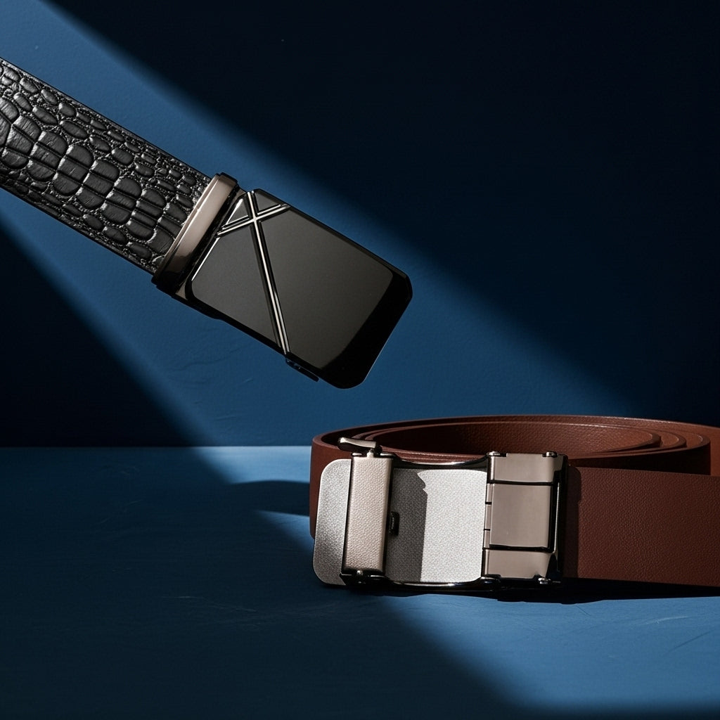 Ceinture Bérenger noire aspect crocodile avec boucle métallique rectangulaire noire et ceinture marron avec boucle argentée. #fullwidth