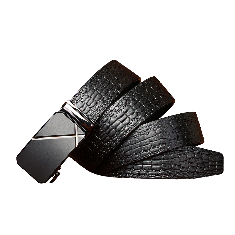 Ceinture homme Bérenger noire en cuir de vachette pleine fleur avec motif crocodile embossé et boucle automatique argentée