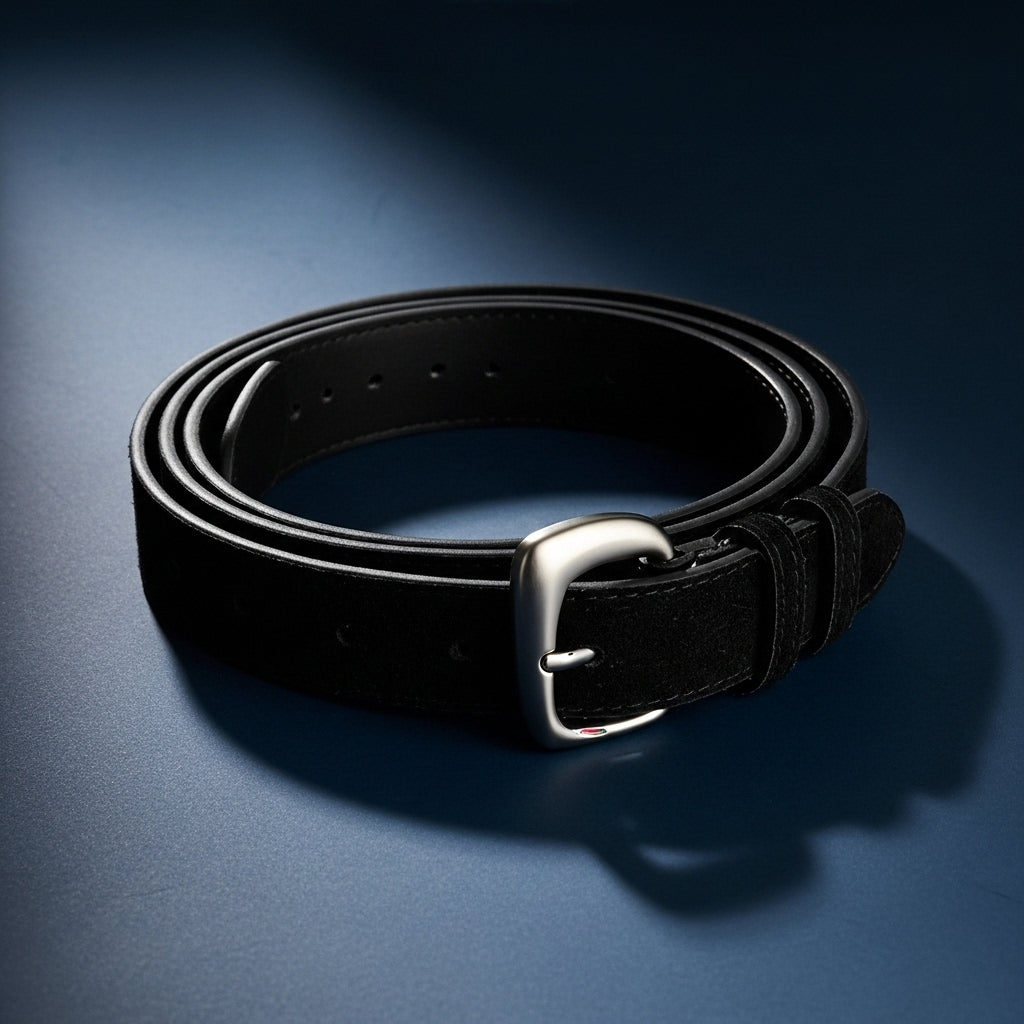 Ceinture fine Bérengère en cuir noir avec boucle argentée mate et finition suédée, sur fond bleu. #fullwidth