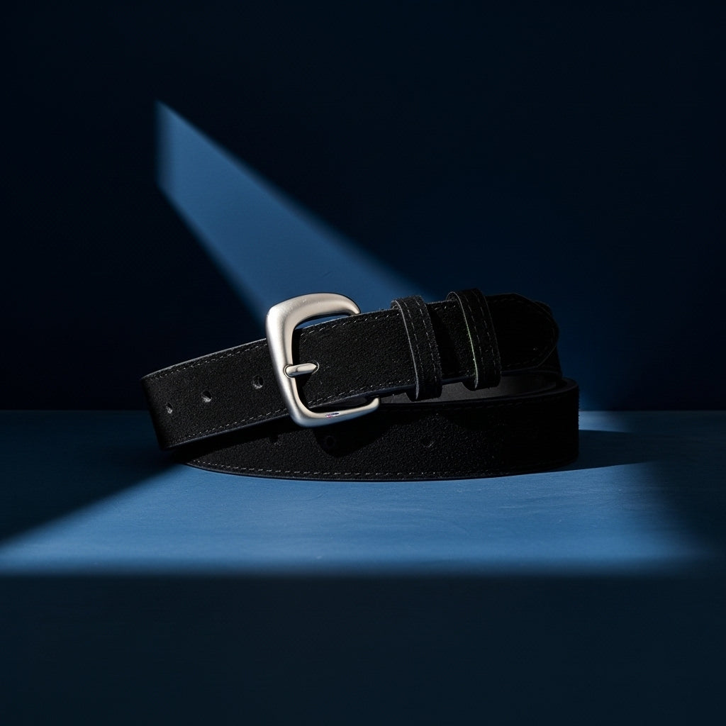 Ceinture Bérengère noire en cuir suédé, fine et souple, avec une boucle argentée mate en forme de C. #fullwidth