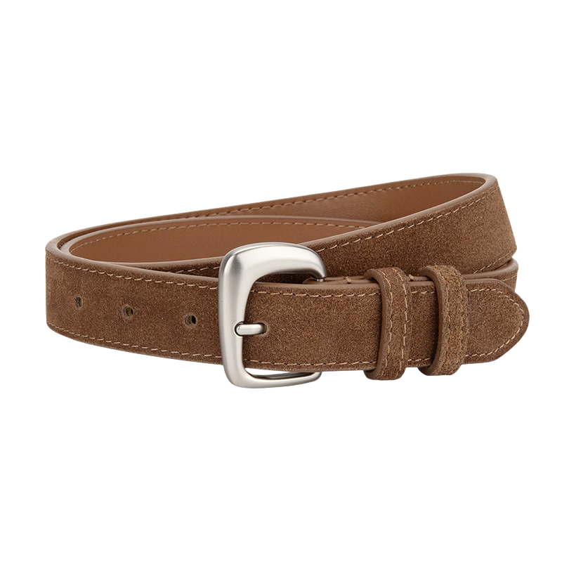 Ceinture fine Bérengère en cuir de vachette marron avec fini suédé sablé et boucle argentée mate.