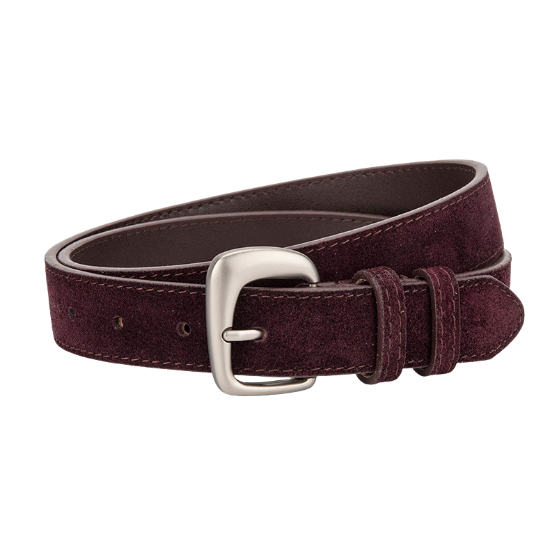 Ceinture fine en cuir de vachette Bérengère, finition suédé sablé couleur bordeaux foncé, avec boucle argentée mate. Largeur 2,8 cm.
