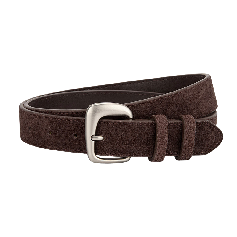 Ceinture fine Bérengère en cuir de vachette marron avec boucle argentée mate et fini suédé sablé.