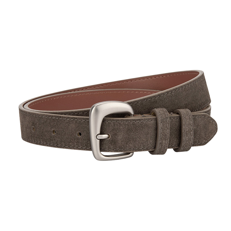 Ceinture fine Bérengère en cuir de vachette gris clair aspect suédé avec boucle argentée mate