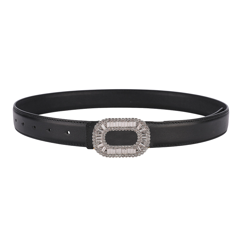 Ceinture noire en cuir pour femme, modèle Blanche, avec une boucle ovale sertie de strass rectangulaires et brillants.