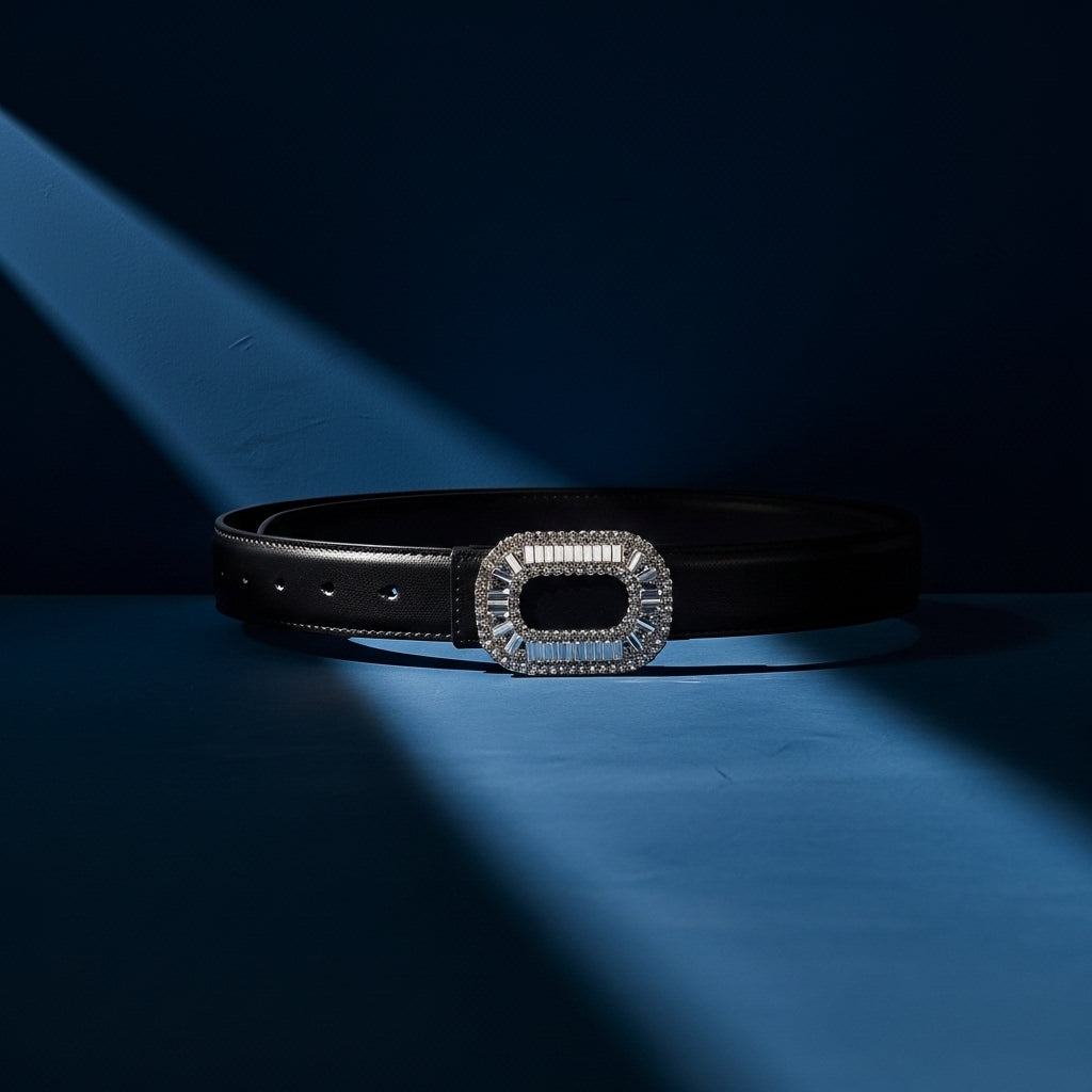 Ceinture noire pour femme Blanche avec boucle ovale incrustée de strass brillants sur fond bleu nuit #fullwidth