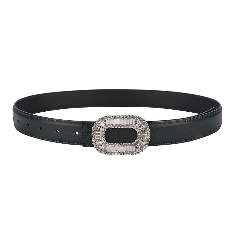 Ceinture pour femme Blanche en cuir vert sapin avec une boucle ovale sertie de strass rectangulaires et carrés, finition argentée.