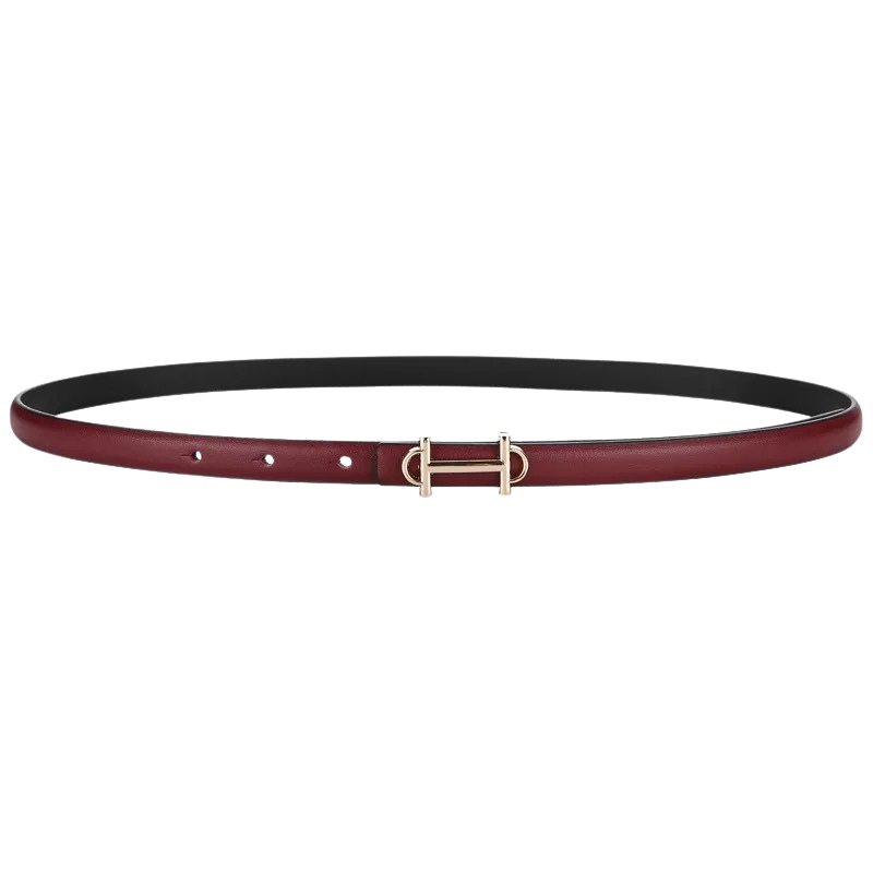 Ceinture fine pour femme Bonté en cuir pleine fleur bordeaux, avec boucle dorée en forme de H.