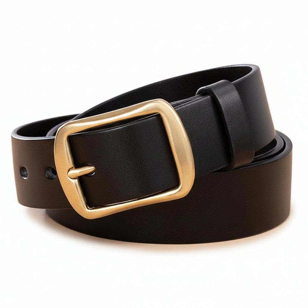 Ceinture homme en cuir noir lisse Brassens avec boucle dorée massive et carrée