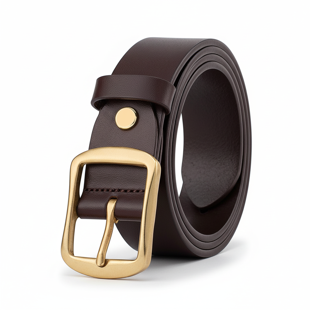 Ceinture homme Brassens en cuir lisse marron foncé avec boucle dorée.