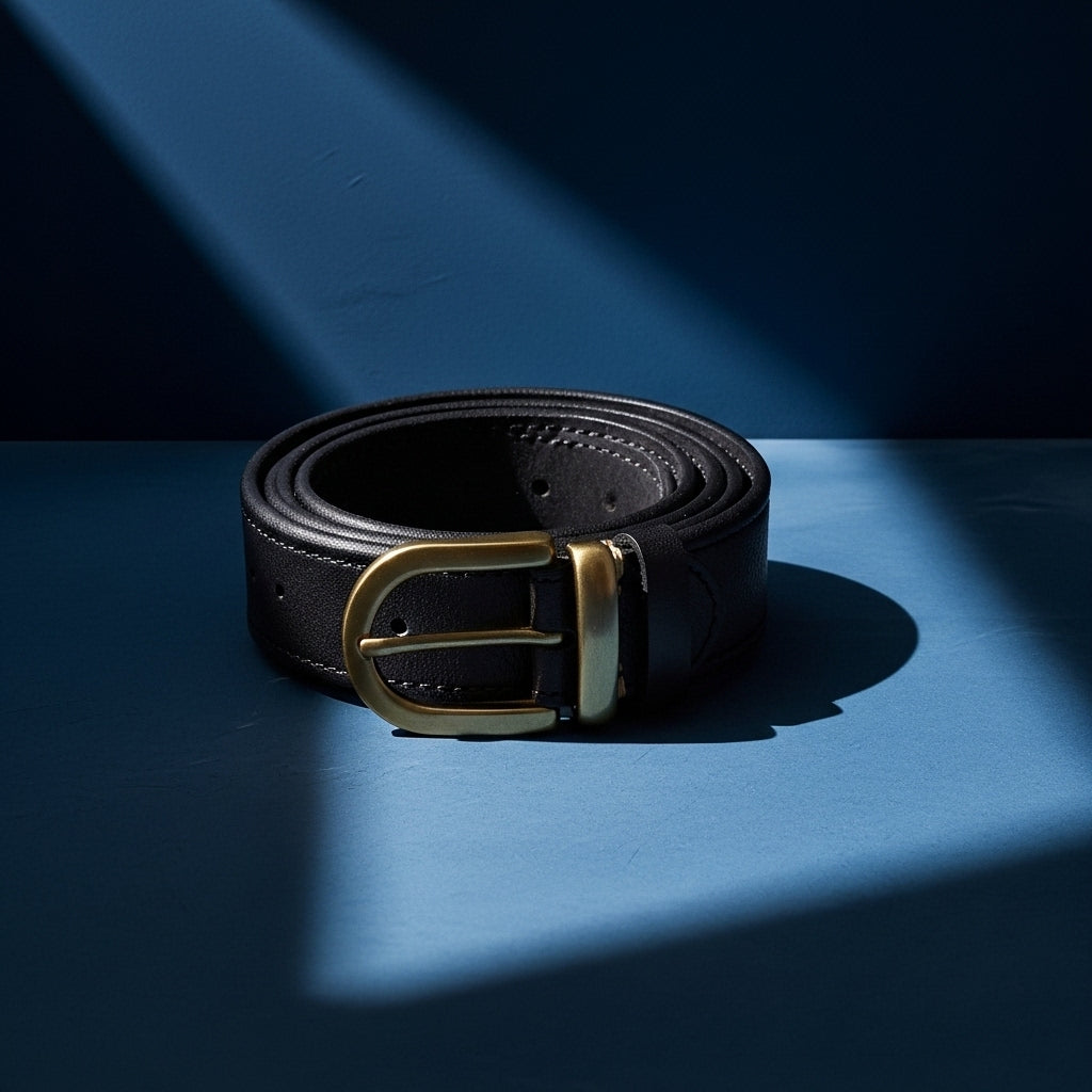 Ceinture Bravura Cuir noire pour homme avec boucle ardillon dorée, présentation sur fond bleu avec éclairage dramatique #fullwidth