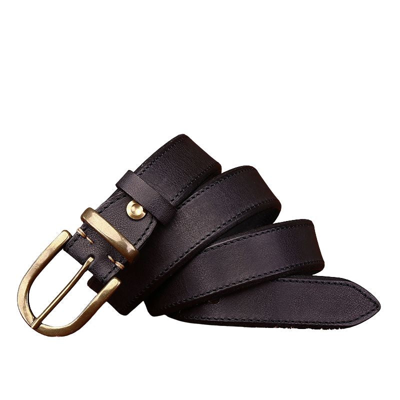 Ceinture Bravura Cuir noire pour homme, en cuir de vachette pleine fleur huilé avec boucle ardillon arrondie en cuivre doré. Style artisanal et authentique.