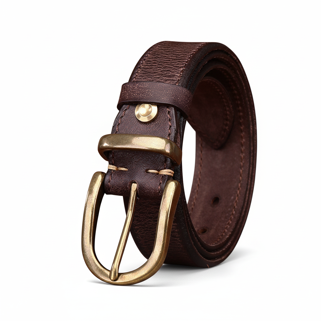 Ceinture Bravura Cuir pour homme en cuir marron café, boucle ardillon arrondie en cuivre doré, style artisanal.