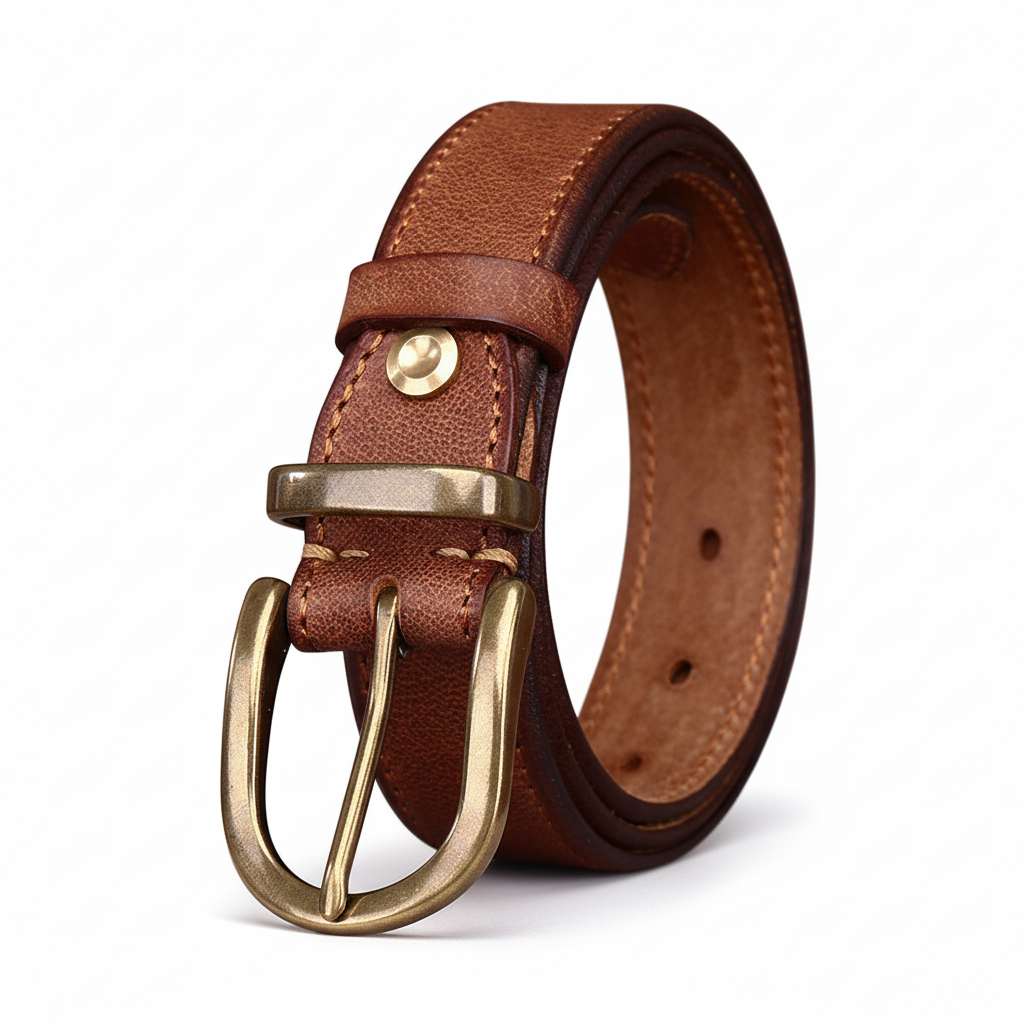 Ceinture Bravura Cuir homme couleur chameau, en cuir de vachette huilé avec boucle ardillon arrondie en cuivre doré, finition artisanale #fullwidth