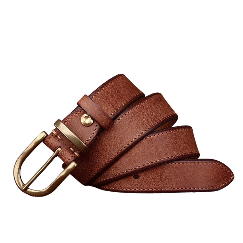 Ceinture homme Bravura Cuir en cuir de vachette pleine fleur marron avec boucle ardillon arrondie en cuivre doré. #fullwidth