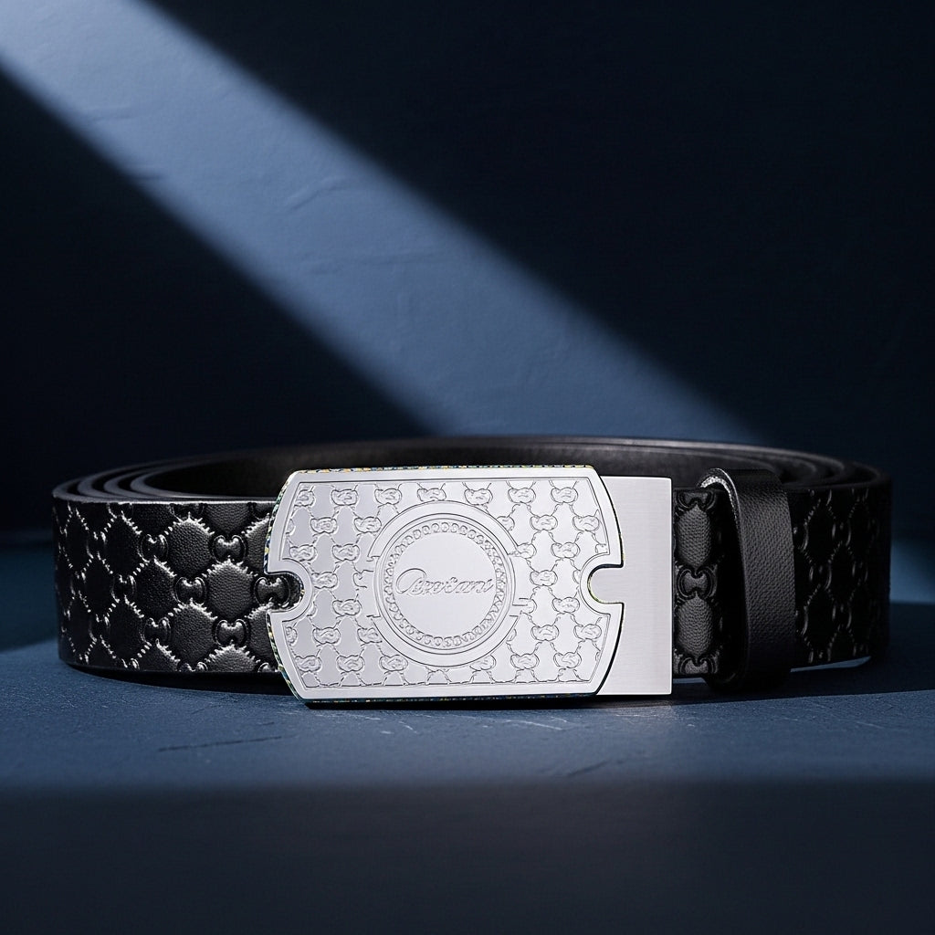 Ceinture en cuir pleine fleur pour homme Bretagne, noire avec motif embossé et boucle ardillon rectangulaire en acier argenté, finition sobre et élégante. #fullwidth