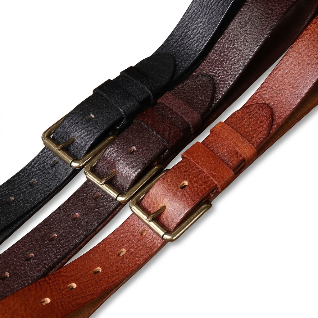 Trois ceintures homme Brissac en cuir pleine fleur de vachette aux finitions huilées, disponibles en coloris noir, marron foncé et cognac, avec boucles ardillon rectangulaires en cuivre patiné.