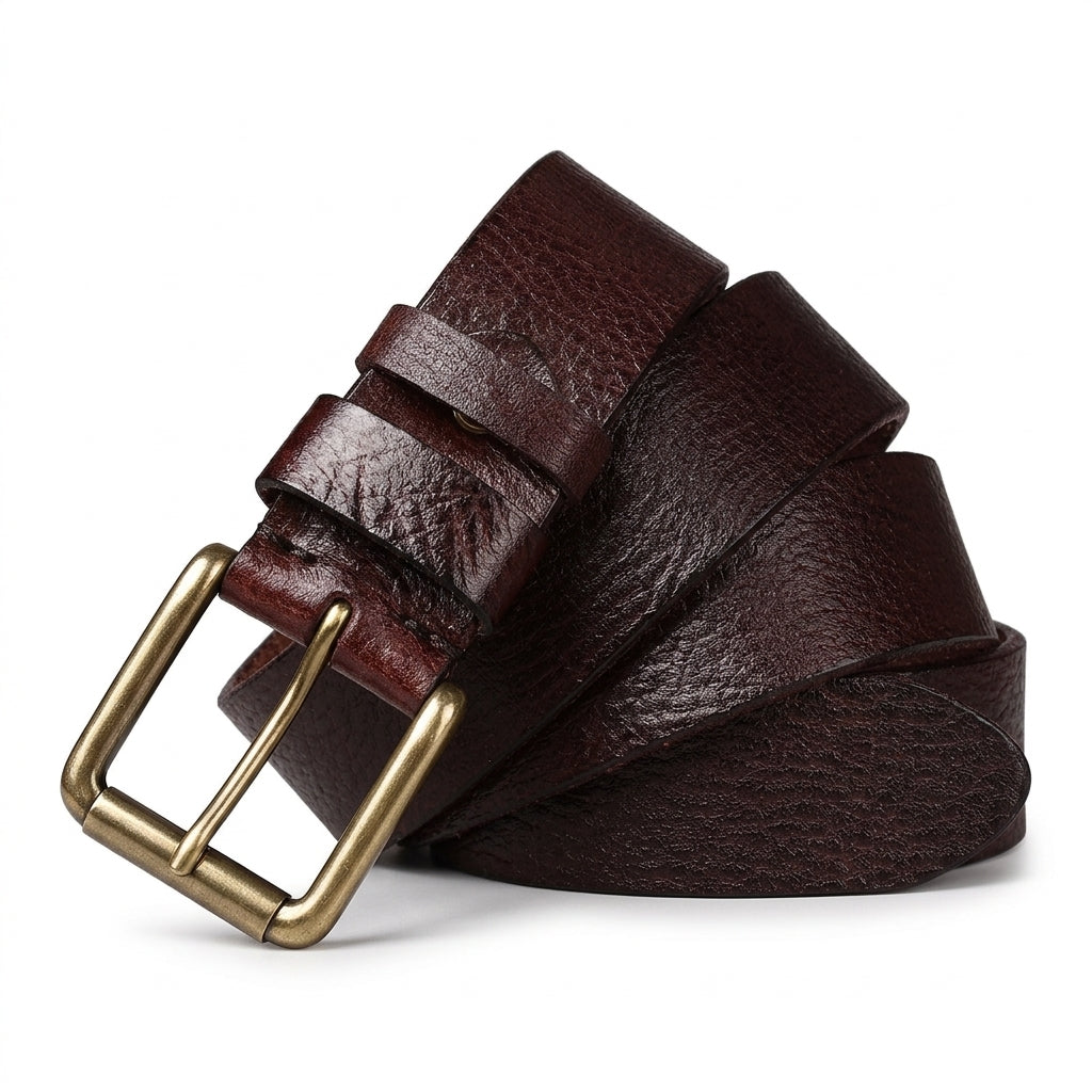 Ceinture homme Brissac en cuir pleine fleur marron grainé avec boucle ardillon en cuivre patiné sur fond sombre #fullwidth