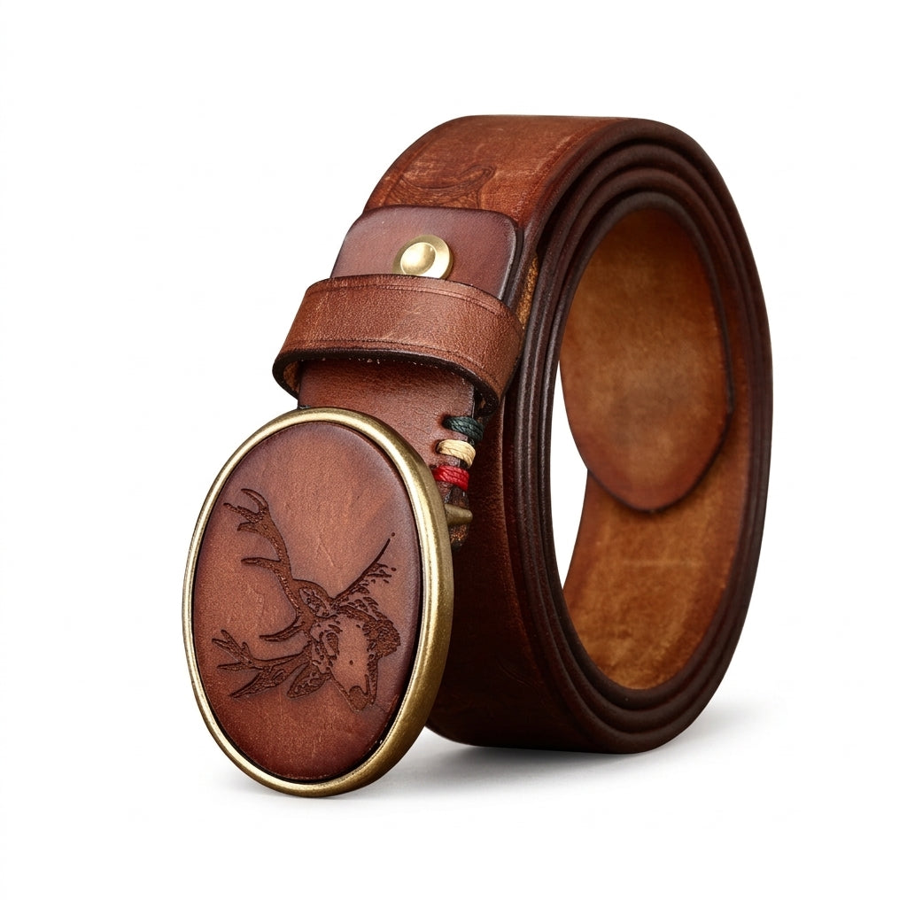 Ceinture homme Brocard en cuir pleine fleur marron avec boucle ovale en cuivre vieilli gravée d'une tête de cerf