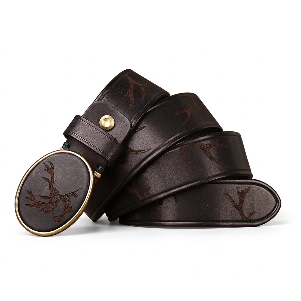 Ceinture homme Brocard en cuir pleine fleur marron avec gravures de cerf et boucle ovale en cuivre vieilli
