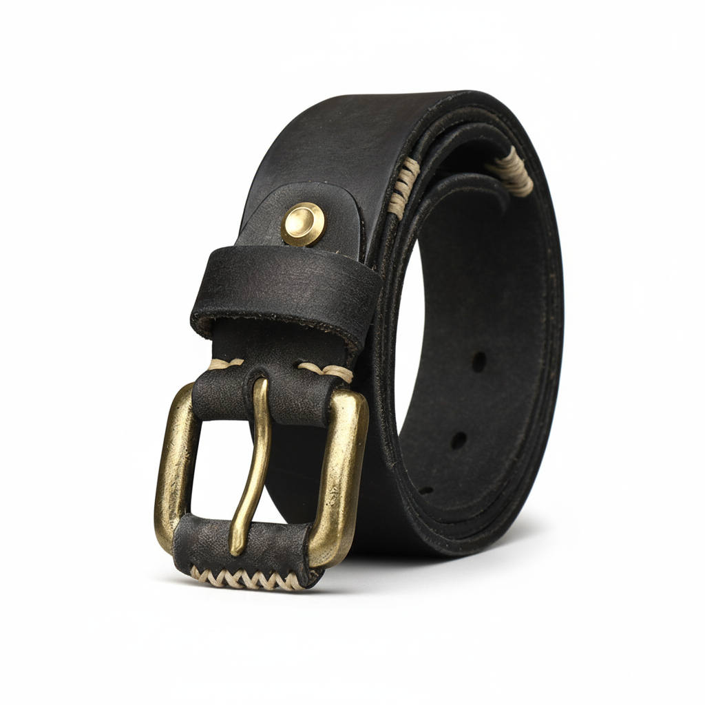 Ceinture Broncborn noire en cuir pleine fleur avec boucle ardillon carrée dorée et coutures contrastantes.