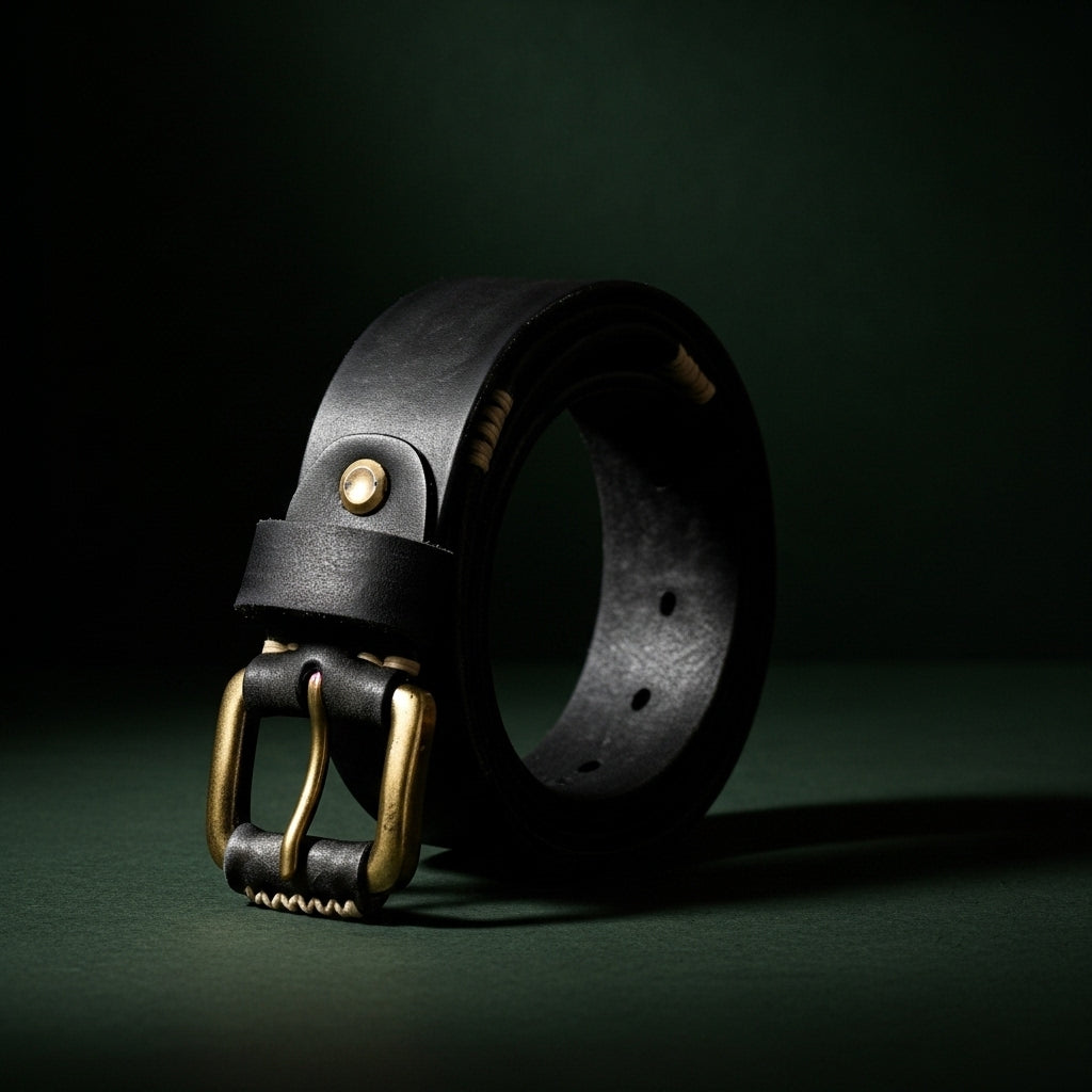 Ceinture Broncborn en cuir noir pour homme, boucle ardillon carrée en cuivre doré, coutures contrastantes et aspect vieilli. #fullwidth