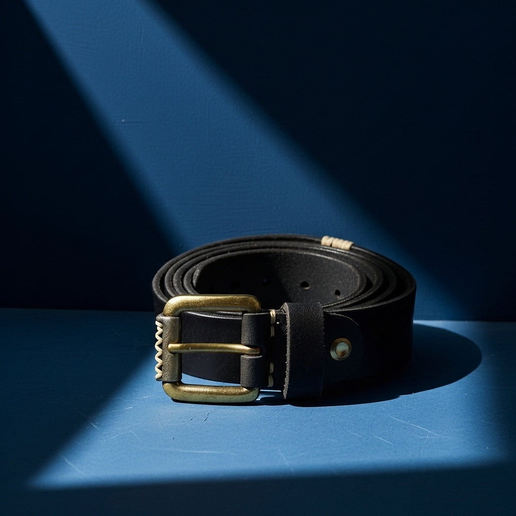 Ceinture Broncborn en cuir pleine fleur noir avec boucle ardillon carrée en cuivre doré et coutures contrastantes #fullwidth