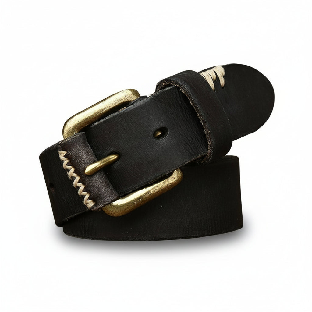 Ceinture Broncborn noire en cuir pleine fleur avec boucle ardillon carrée dorée et coutures contrastantes