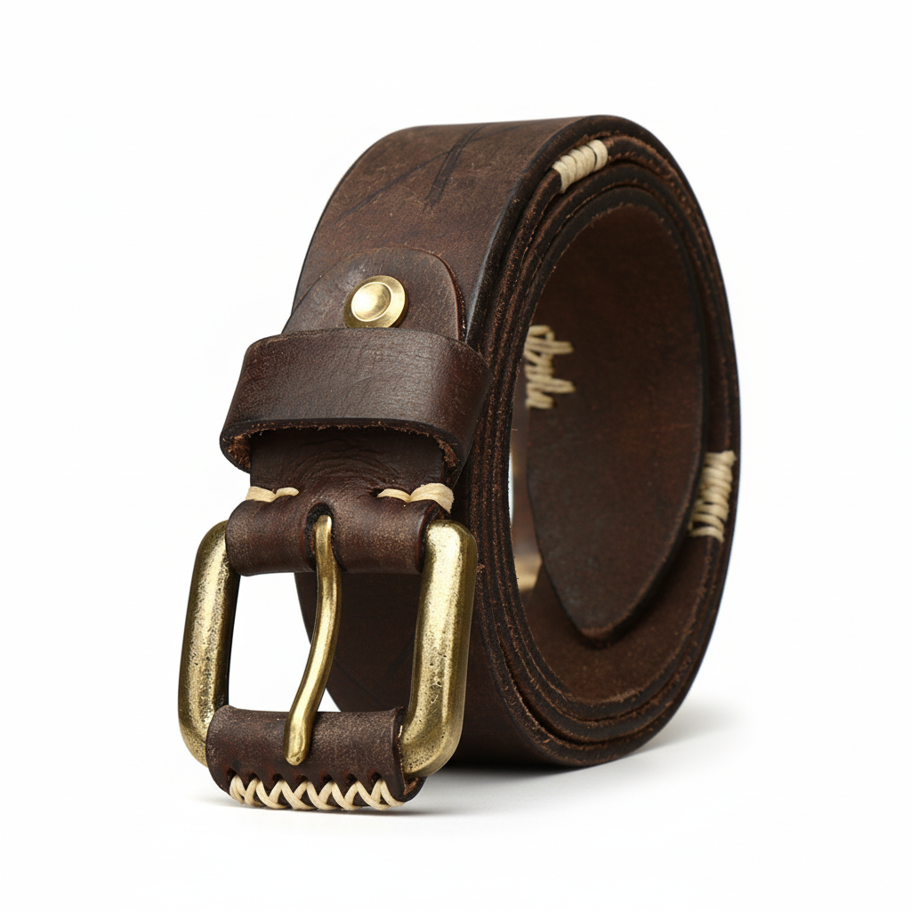 Ceinture Broncborn en cuir marron vieilli, boucle ardillon carrée dorée, coutures contrastantes visibles.