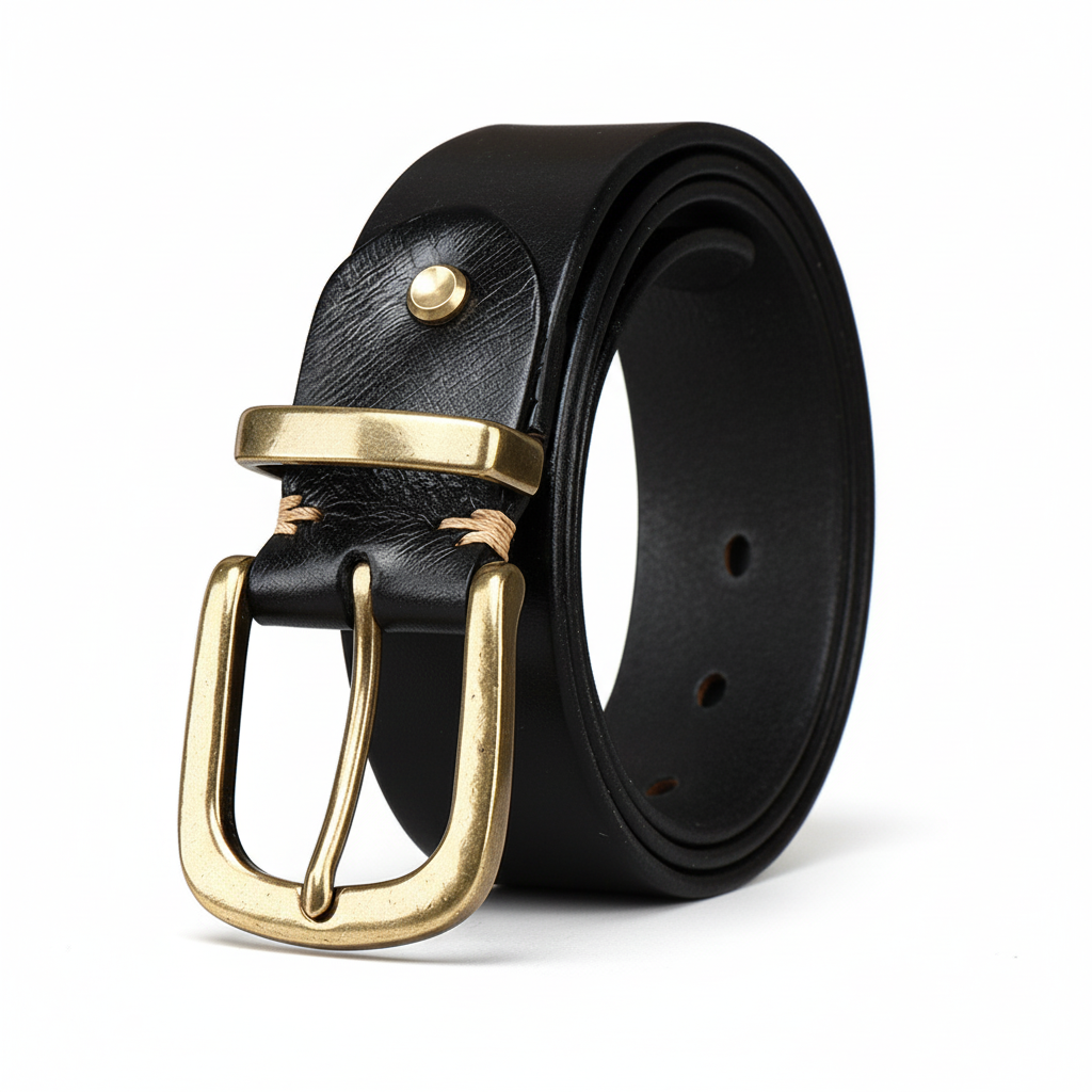 Ceinture Brunor noire en cuir pleine fleur, avec boucle ardillon ovale en cuivre doré vieilli et coutures apparentes artisanales. #fullwidth