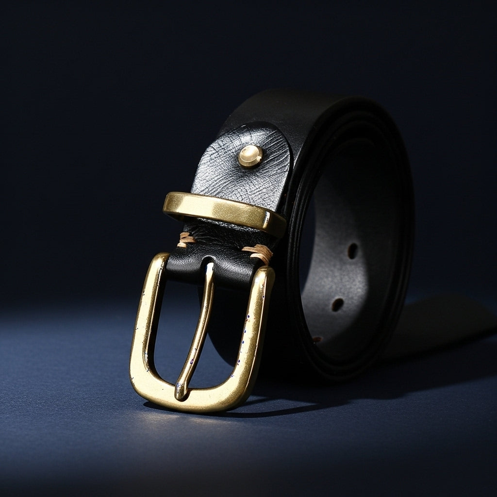 Ceinture Brunor noire en cuir pleine fleur avec boucle ardillon ovale en cuivre doré vieilli, coutures apparentes et rivets dorés. #fullwidth