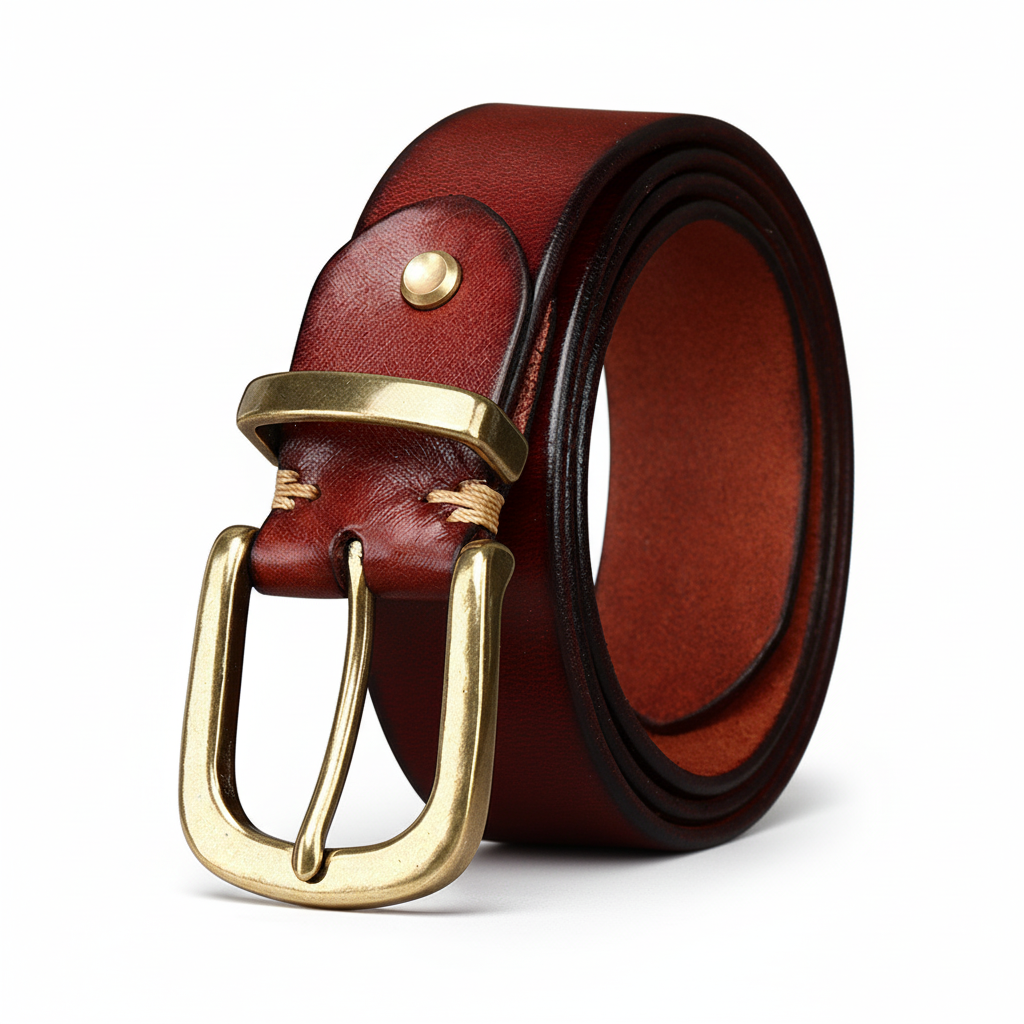 Ceinture homme Brunor en cuir pleine fleur bordeaux avec boucle ardillon ovale en cuivre doré vieilli et coutures apparentes.
