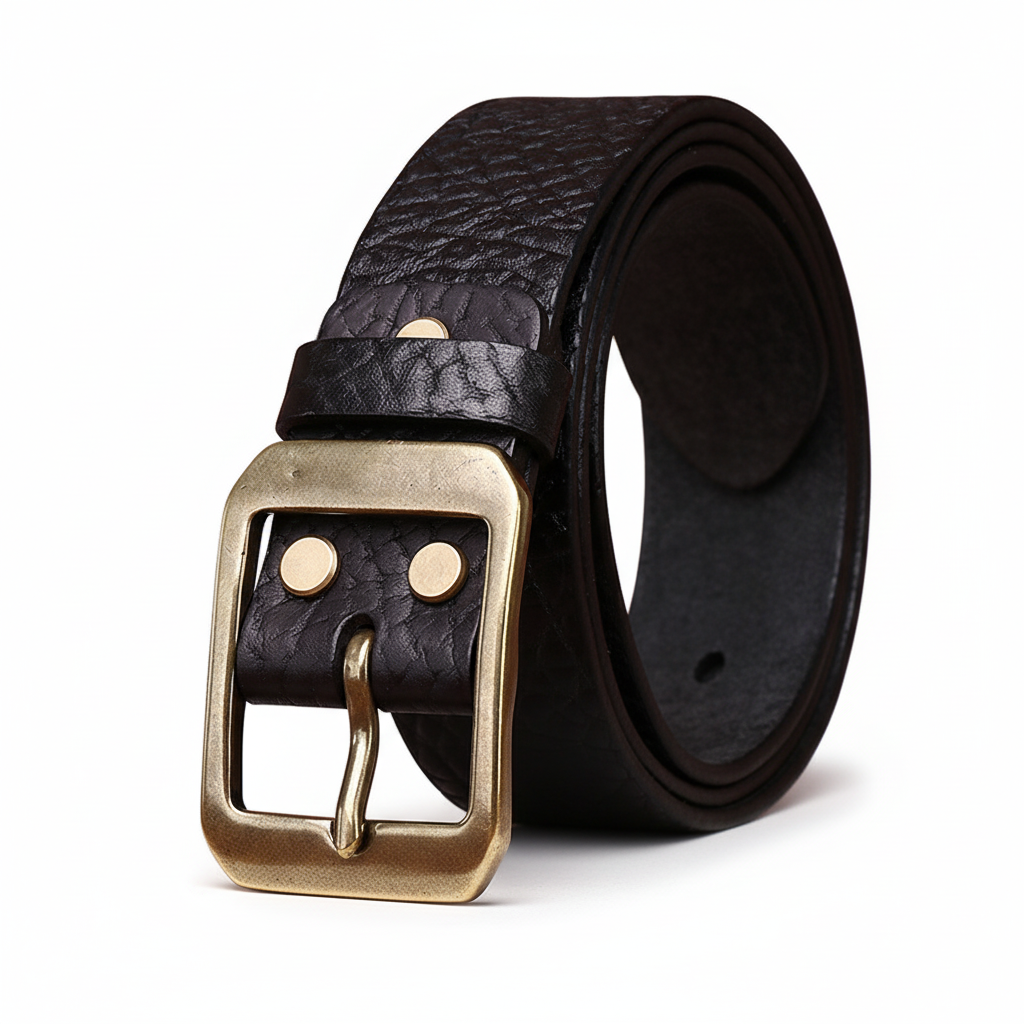 Ceinture homme Buffalo Cuir noire avec boucle ardillon rectangulaire en cuivre doré, aspect texturé embossé façon peau de buffle