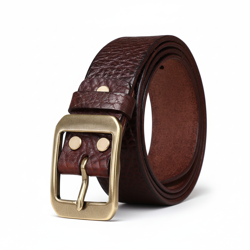 Ceinture homme Buffalo Cuir de couleur café, en cuir de vachette pleine fleur texturé façon peau de buffle, avec boucle ardillon rectangulaire en cuivre doré.