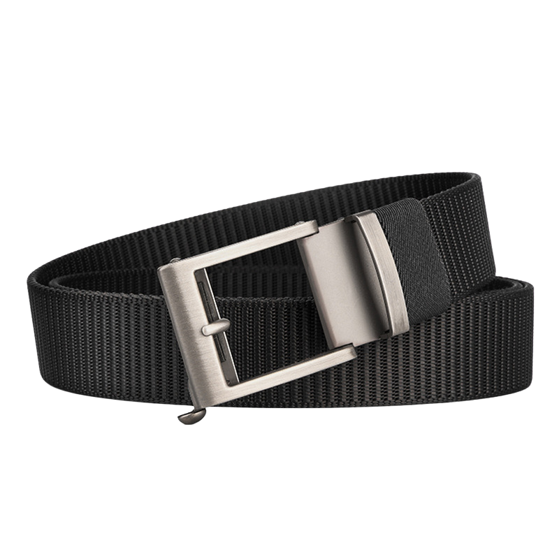 Ceinture Cambronne noire pour homme avec boucle rectangulaire argentée à dégagement rapide et système sans trous. Fabriquée en tissu résistant pour un usage quotidien.
