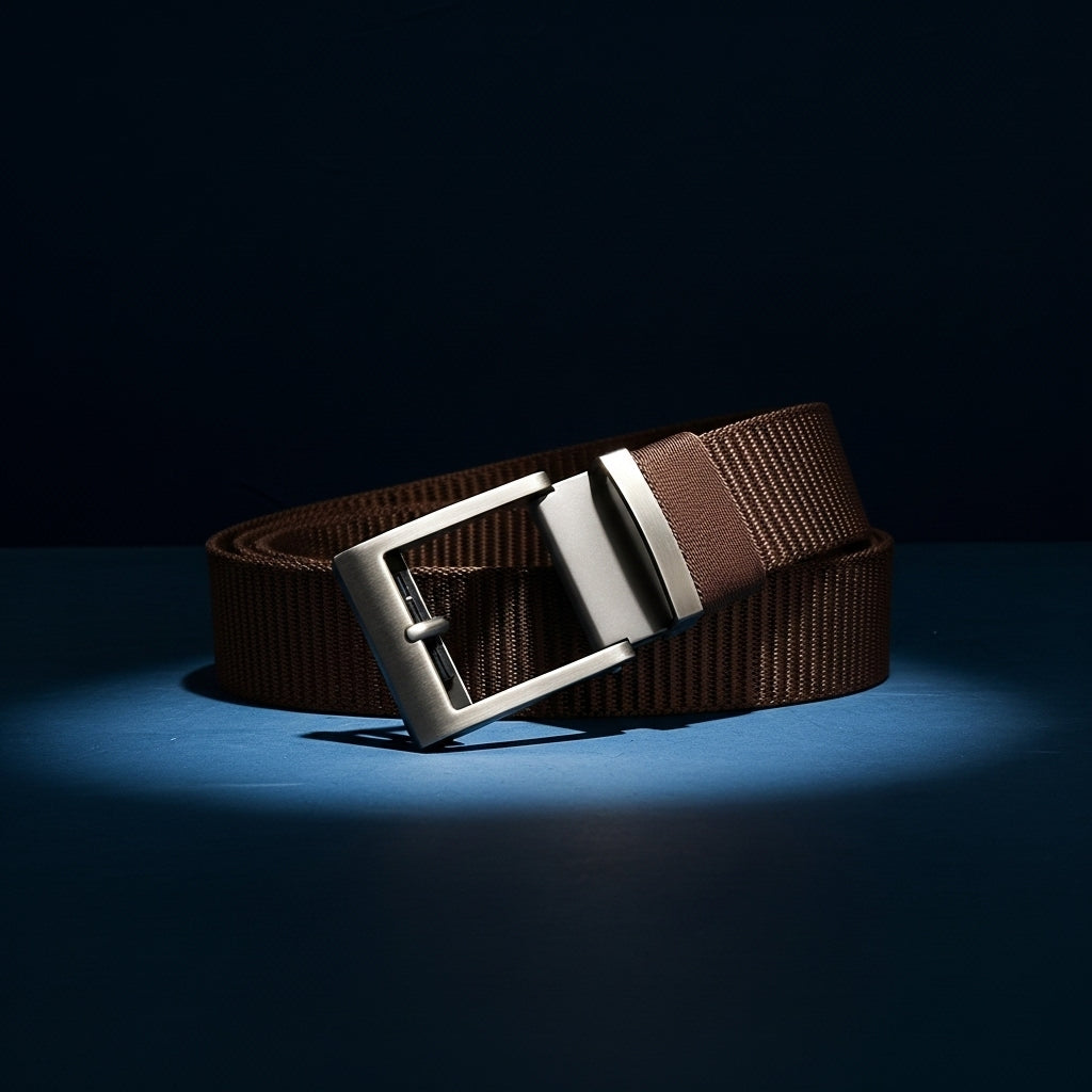Ceinture Cambronne homme en tissu marron avec boucle automatique rectangulaire argentée à dégagement rapide. #fullwidth