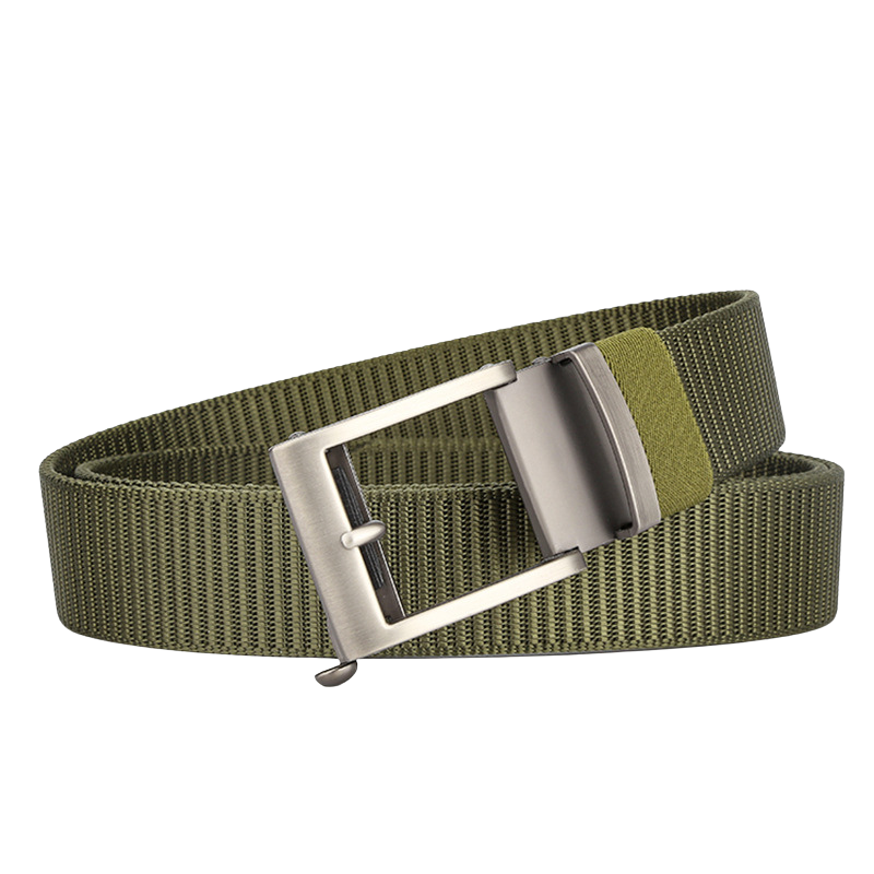 Ceinture Cambronne pour homme en tissu vert avec boucle rectangulaire argentée à dégagement rapide et système sans trous #fullwidth