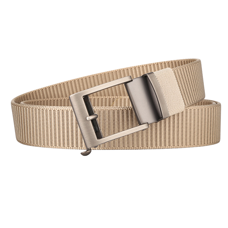 Ceinture Cambronne pour homme en tissu beige avec boucle rectangulaire argentée à dégagement rapide #fullwidth