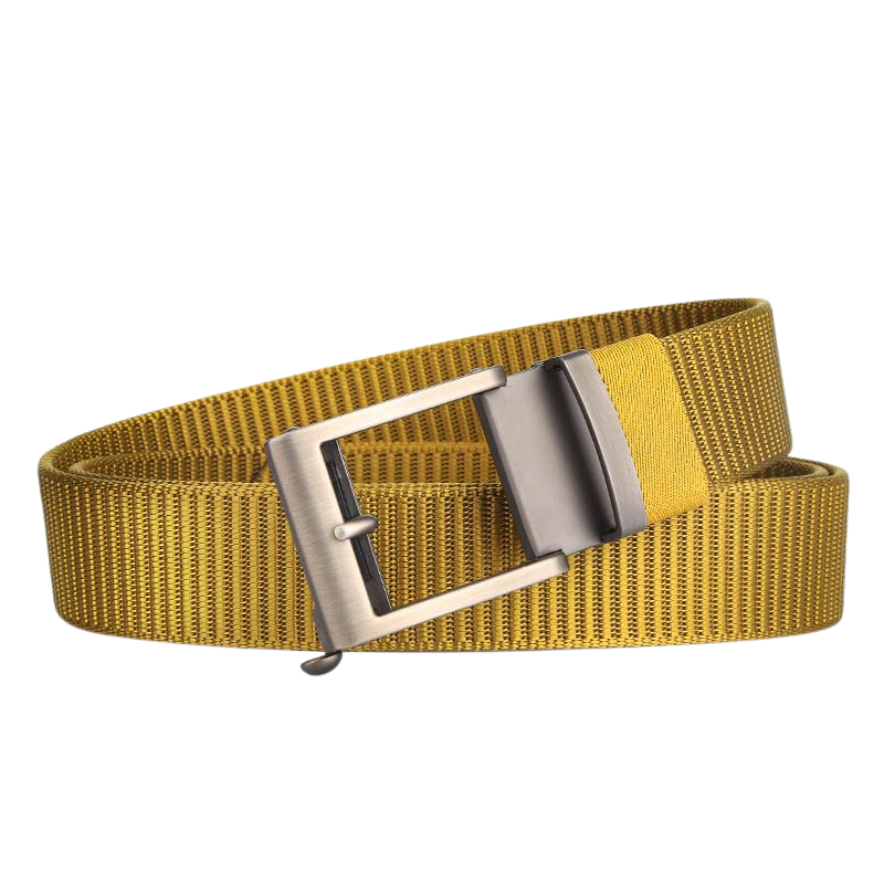 Ceinture Cambronne pour homme en tissu jaune avec boucle rectangulaire argentée à dégagement rapide