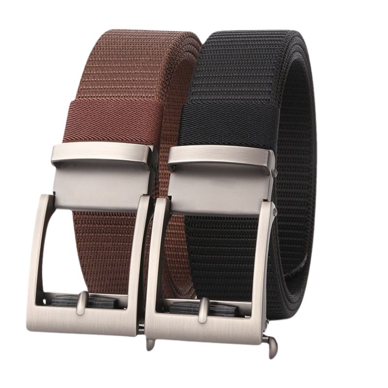 Ceintures Cambronne pour homme en tissu marron et noir avec boucle automatique rectangulaire argentée à dégagement rapide.