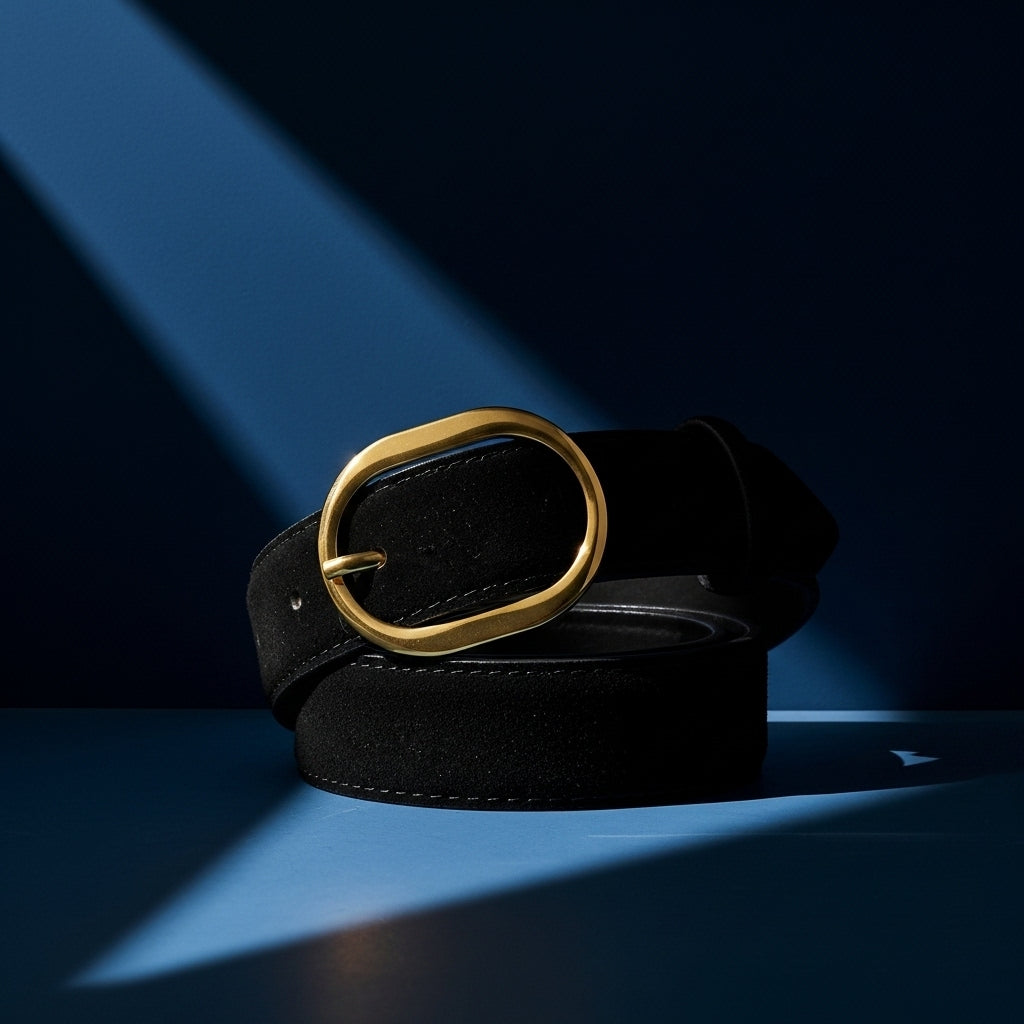 Ceinture Camée noire en cuir suédé avec boucle ovale allongée dorée brillante #fullwidth