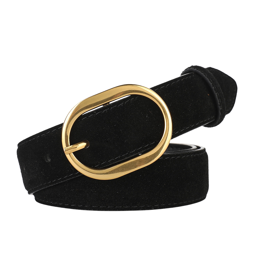 Ceinture Camée noire en cuir suédé pour femme, avec boucle ovale dorée brillante et ardillon discret.