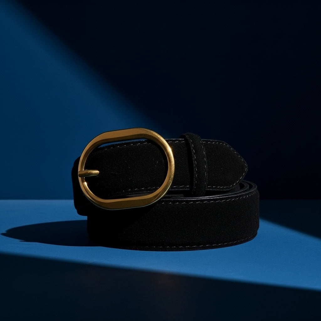 Ceinture Camée noire pour femme en cuir suédé avec boucle ovale allongée dorée brillante. #fullwidth