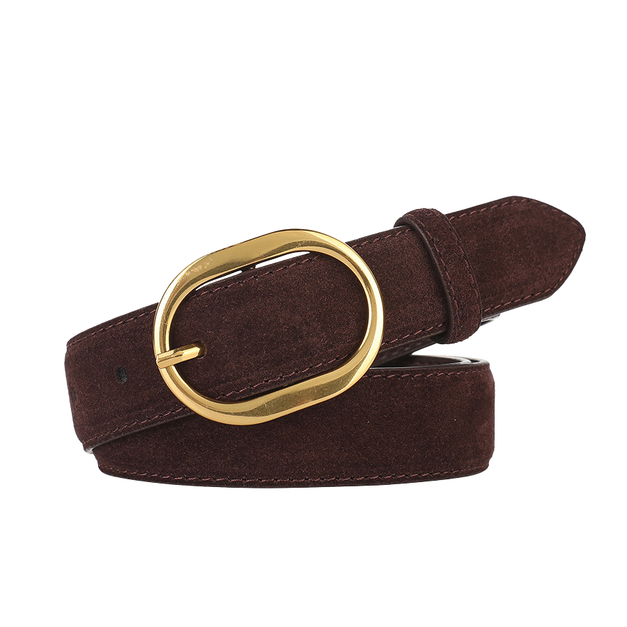 Ceinture pour femme Camée en suède marron foncé avec boucle ovale dorée brillante.