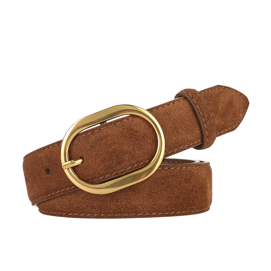 Ceinture Camée marron en cuir suédé avec boucle ovale dorée brillante, style sobre et élégant.