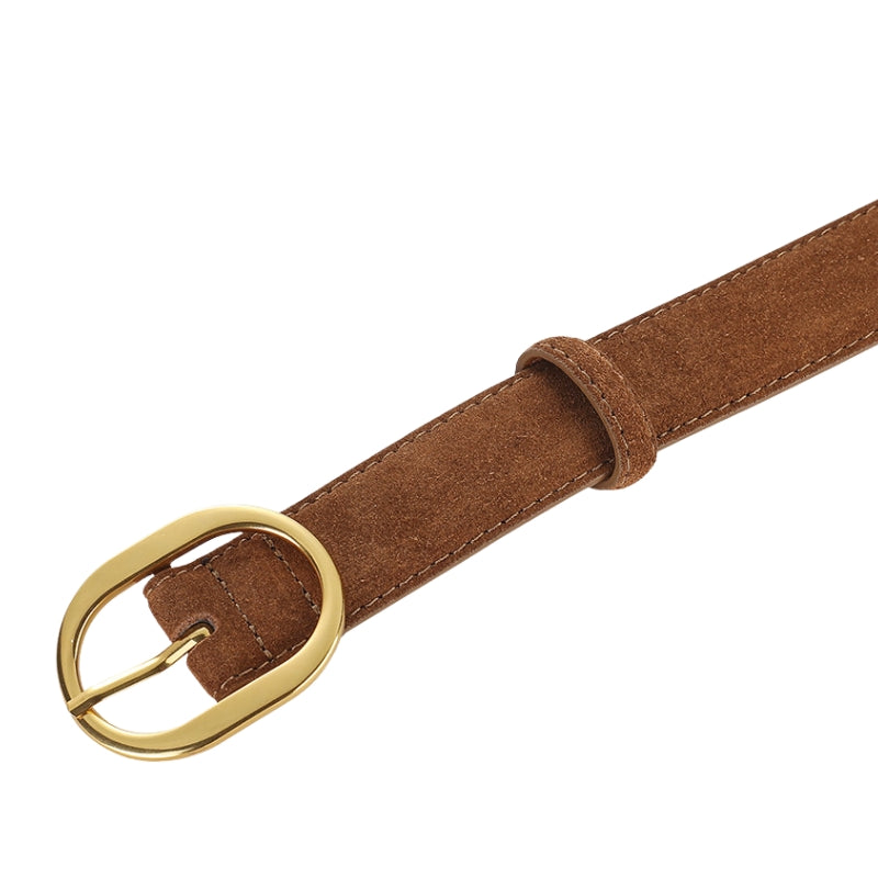 Ceinture femme Camée en cuir suédé marron avec boucle ovale dorée brillante.