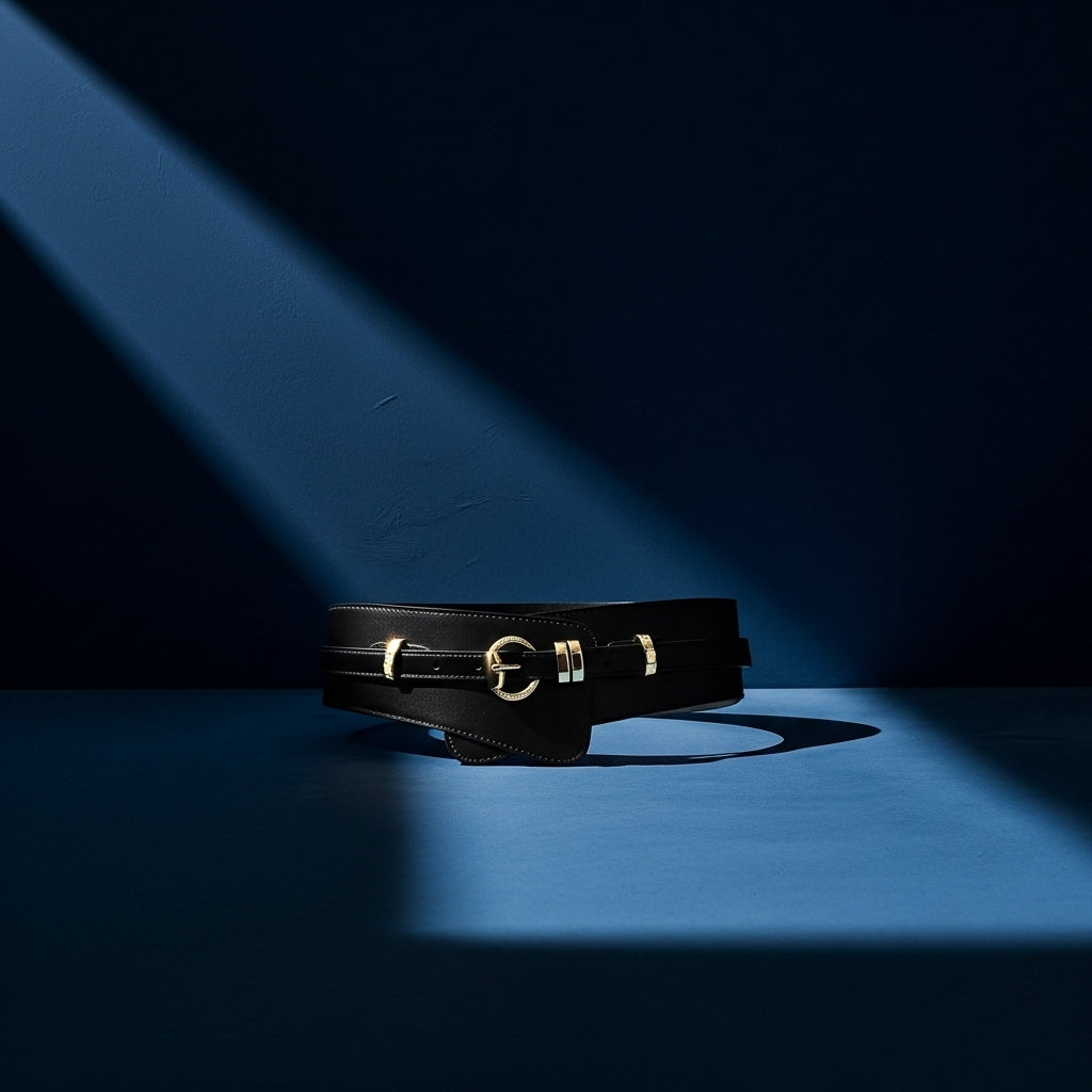 Ceinture Camélia noire en cuir lisse avec boucle ardillon dorée en forme de cercle, lanière fine et partie décorative à la taille #fullwidth