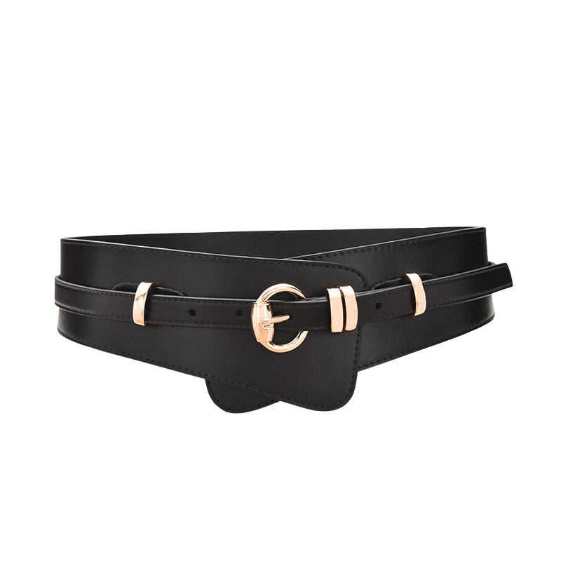 Ceinture Camélia noire en cuir pour femme, fine avec une boucle ardillon dorée en forme de cercle. Une ceinture élégante et polyvalente qui met en valeur la taille.