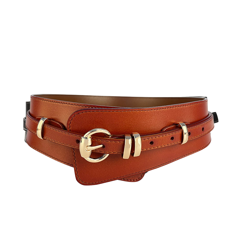 Ceinture Camélia marron cognac en cuir avec boucle dorée et système détachable, 1.5 cm de large.